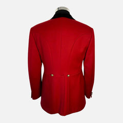 Back view of a custom maroon wool hunting coat with elegant tailoring and a classic British style.