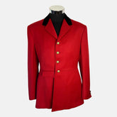 Maroon wool hunting coat with velvet collar, featuring elegant gold buttons and tailored fit for outdoor activities.