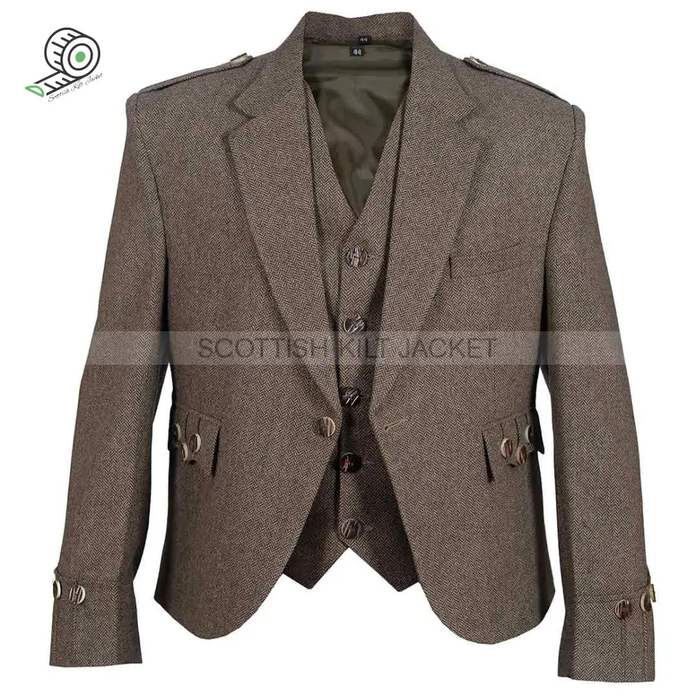 Argyll Jacket In Brown Tweed Wool With Vest And Waistcoat Kilt Jackets