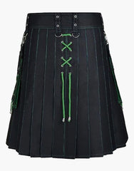 HYBRID KILT IN BLACK AND GREEN WITH LACES DESIGN - scottish kilt jacket