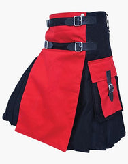 Two-tone utility kilt in black and red with detachable apron - Scottish Kilt Jacket™ USA-UK