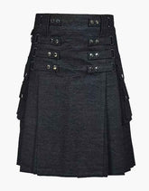 A KILT IN BLACK DENIM WITH A DETACHABLE APRON - Scottish Kilt Jacket™ USA-UK