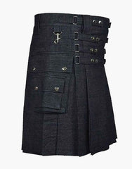 A KILT IN BLACK DENIM WITH A DETACHABLE APRON - Scottish Kilt Jacket™ USA-UK