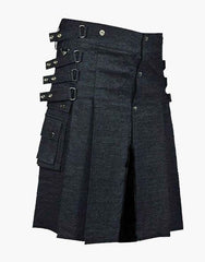 A KILT IN BLACK DENIM WITH A DETACHABLE APRON - Scottish Kilt Jacket™ USA-UK