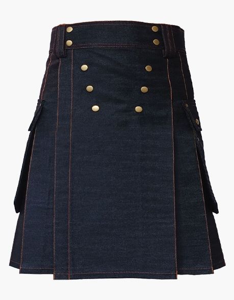 KILT IN BLACK DENIM WITH A STUDDED APRON - Scottish Kilt Jacket™ USA-UK