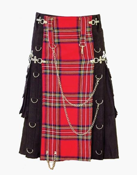 HYBRID KILT IN BLACK GOTHIC DESIGN WITH ROYAL STEWART APRON - Scottish Kilt Jacket™ USA-UK