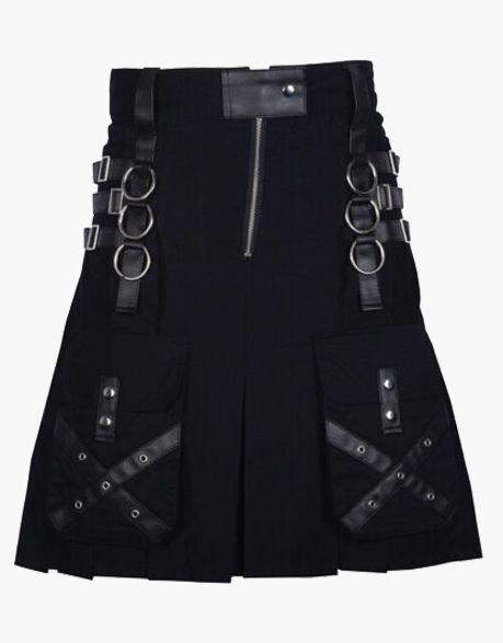 UTILITY KILT IN BLACK GOTHIC DESIGN WITH LEATHER STRAPS - Scottish Kilt Jacket™ USA-UK