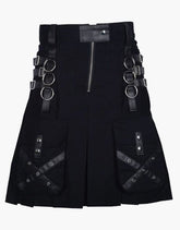 UTILITY KILT IN BLACK GOTHIC DESIGN WITH LEATHER STRAPS - Scottish Kilt Jacket™ USA-UK