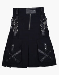 UTILITY KILT IN BLACK GOTHIC DESIGN WITH LEATHER STRAPS - Scottish Kilt Jacket™ USA-UK