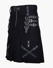 UTILITY KILT IN BLACK GOTHIC DESIGN WITH LEATHER STRAPS - Scottish Kilt Jacket™ USA-UK