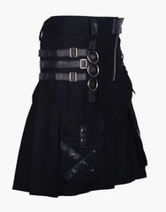 UTILITY KILT IN BLACK GOTHIC DESIGN WITH LEATHER STRAPS - Scottish Kilt Jacket™ USA-UK