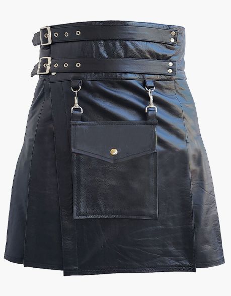 WITH A DETACHABLE FRONT POCKET, BLACK LEATHER KILT - Scottish Kilt Jacket™ USA-UK