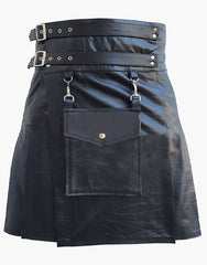 WITH A DETACHABLE FRONT POCKET, BLACK LEATHER KILT - Scottish Kilt Jacket™ USA-UK