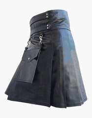 WITH A DETACHABLE FRONT POCKET, BLACK LEATHER KILT - Scottish Kilt Jacket™ USA-UK