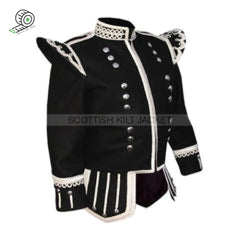 Black Pipe Band Doublet With Silver Braid White Piping And Front Zip Closure Jacket