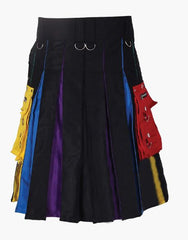 HYBRID BLACK RAINBOW KILT WITH CLASSY CHAIN AND POCKETS - scottish kilt jacket
