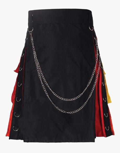 HYBRID BLACK RAINBOW KILT WITH CLASSY CHAIN AND POCKETS - scottish kilt jacket