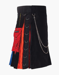 HYBRID BLACK RAINBOW KILT WITH CLASSY CHAIN AND POCKETS - scottish kilt jacket