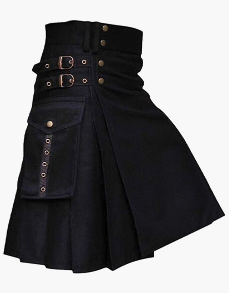 Utility Kilt in Black with Buckle Straps - Scottish Kilt Jacket™ USA-UK