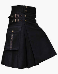 Utility Kilt in Black with Buckle Straps - Scottish Kilt Jacket™ USA-UK