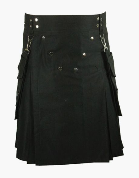 DETACHABLE POCKETS ON A BLACK UTILITY KILT - Scottish Kilt Jacket™ USA-UK