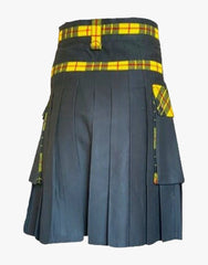 KILT IN BLACK DESIGN WITH TARTAN FRONT APRON - scottish kilt jacket