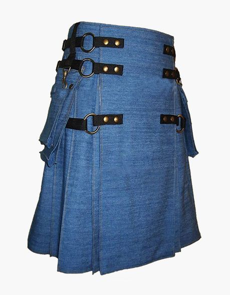 Gothic kilt in blue denim with detachable apron - Scottish Kilt Jacket™ USA-UK