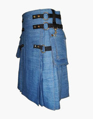 Gothic kilt in blue denim with detachable apron - Scottish Kilt Jacket™ USA-UK