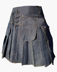 Utility Kit in Blue Denim with a Studded Design - Scottish Kilt Jacket™ USA-UK