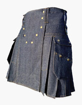 Utility Kit in Blue Denim with a Studded Design - Scottish Kilt Jacket™ USA-UK