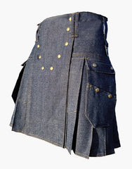 Utility Kit in Blue Denim with a Studded Design - Scottish Kilt Jacket™ USA-UK
