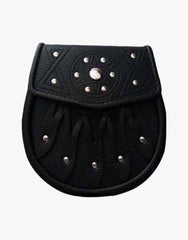 BLACK LEATHER SPORRAN WITH S-CHAIN KILT & BAGPIPE IN CELTIC DESIGN - Scottish Kilt Jacket™ USA-UK
