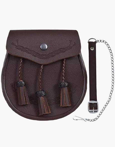 CLASSIC LEATHER KILT SPORRAN with brown embroidery and free chain strap - Scottish Kilt Jacket™ USA-UK