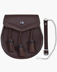 CLASSIC LEATHER KILT SPORRAN with brown embroidery and free chain strap - Scottish Kilt Jacket™ USA-UK
