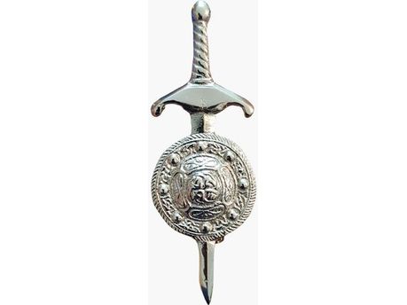 CHROME SWORD KILT PIN WITH DESIGN OF CELTIC SHIELD - Scottish Kilt Jacket™ USA-UK