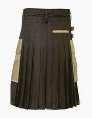 Traditional black utility kilt with pockets and a khaki apron - Scottish Kilt Jacket™ USA-UK
