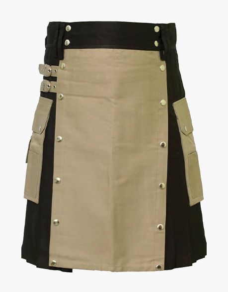 Traditional black utility kilt with pockets and a khaki apron - Scottish Kilt Jacket™ USA-UK