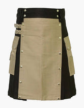 Traditional black utility kilt with pockets and a khaki apron - Scottish Kilt Jacket™ USA-UK