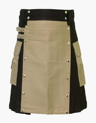 Traditional black utility kilt with pockets and a khaki apron - Scottish Kilt Jacket™ USA-UK