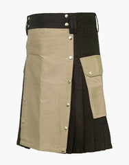 Traditional black utility kilt with pockets and a khaki apron - Scottish Kilt Jacket™ USA-UK