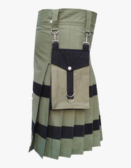 UTILITY KILT IN OLIVE GREEN WITH LEATHER STRAPS - Scottish Kilt Jacket™ USA-UK
