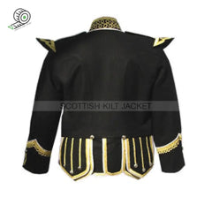 Front 6-Button Zip Closure Black Pipe Band Doublet With Gold Braid White Piping Jacket