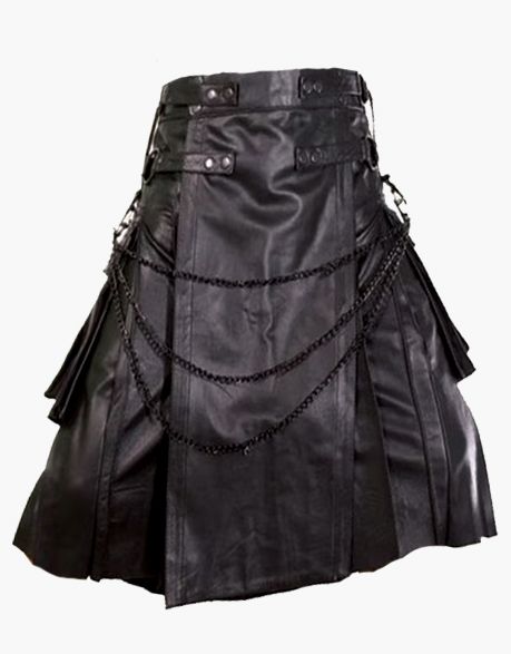 Black leather kilt in a gothic style with a chain - Scottish Kilt Jacket™ USA-UK