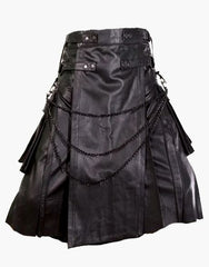 Black leather kilt in a gothic style with a chain - Scottish Kilt Jacket™ USA-UK