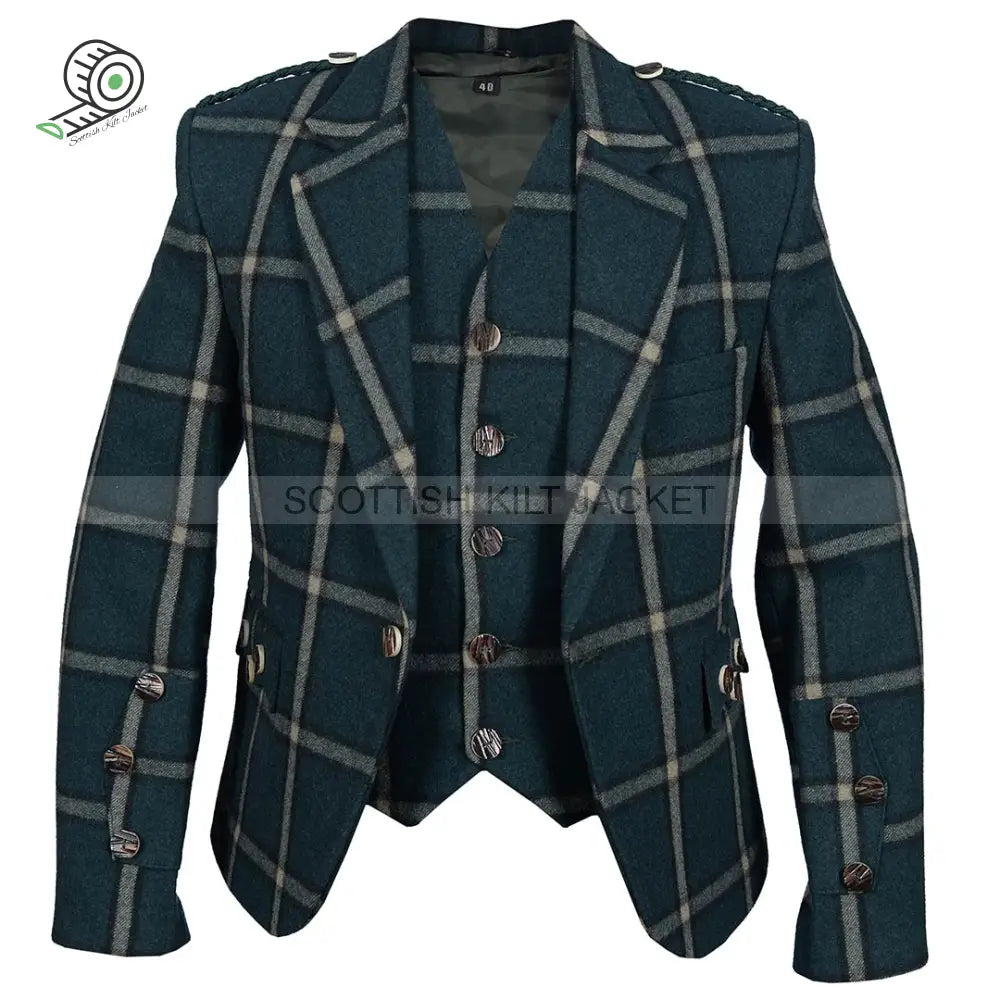 Green Argyll Jacket Made Of 100% Pure Wool With Vest And Waistcoat Tweed Kilt Jackets