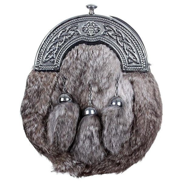 Grey Rabbit Fur Chrome Plain Celtic Cantle Sporran By Scottish kilt jacket - scottish kilt jacket