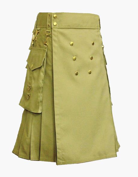 Utility Kilt Khaki with Gold Button - Scottish Kilt Jacket™ USA-UK