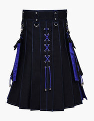MEN'S HYBRID KILT IN BLACK AND BLUE WITH LACES - Scottish Kilt Jacket™ USA-UK