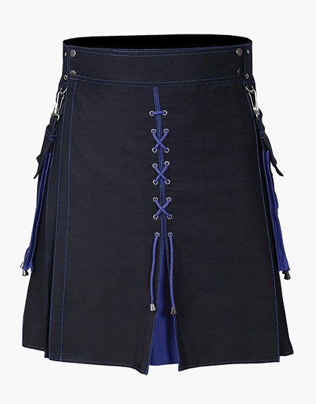 MEN'S HYBRID KILT IN BLACK AND BLUE WITH LACES - Scottish Kilt Jacket™ USA-UK