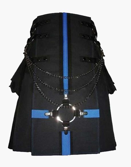 BLUE-STRAPPED MODERN BLACK GOTHIC UTILITY KILT - Scottish Kilt Jacket™ USA-UK